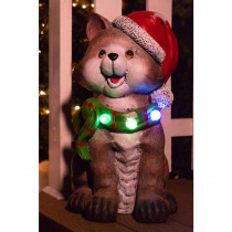 Alpine 21 in. Cat wearing Santa Hat and Green Scarf Decor with 3 LED Lights