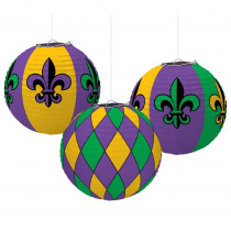 Amscan 9.5 in. Mardi Gras Green, Purple and Gold Paper Fleur de Lis Lantern Decorations (3-Count, 2-Pack)