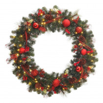 48 in. Battery Operated Red Accented Artificial Wreath with 60 Clear LED Lights