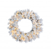 30 in. Heavily Flocked Wyoming Snow Pine Wreath with 150 Warm White LED Micro Lights