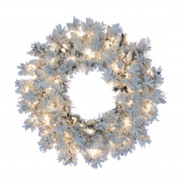 24 in. Heavily Flocked Wyoming Snow Pine Wreath with 100 Warm White LED Micro Lights
