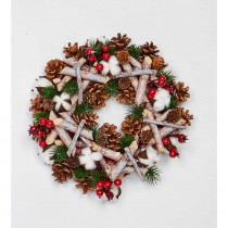 12 in. Artificial Birch Log Wreath with Pinecones Cotton and Berries