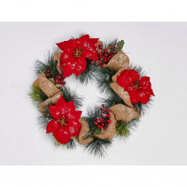 20 in. Poinsettia Wreath with Burlap on Natural Twig Base