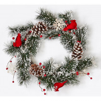 22 in. Snowy Pine Wreath with Cardinals and Snowflakes on Natural Twig Base