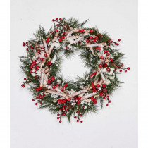 17 in. Artificial Birch Log Wreath with Pinecones Cotton and Berries