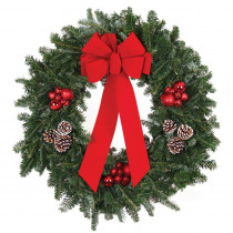 22 in. Live Fraser Fir Christmas Wreath with Red Bow Red Ornaments and Frosted Pinecones