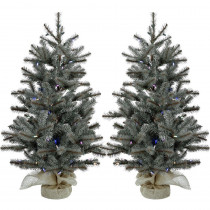 Fraser Hill Farm 3.6 ft. Heritage Pine Artificial Trees with Burlap Bases and Battery-Operated Multi-Colored LED String Lights (Set of 2)