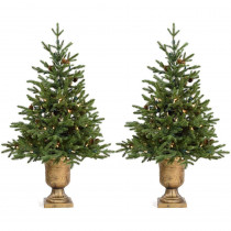 Fraser Hill Farm 3.6 ft. Noble Fir Artificial Trees with Metallic Urn Bases and Battery-Operated LED String Lights (Set of 2)