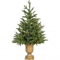 Fraser Hill Farm 3.6 ft. Noble Fir Artificial Tree with Metallic Urn Base and Battery-Operated Multi-Colored LED String Lights