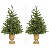 Fraser Hill Farm 3.6 ft. Noble Fir Artificial Trees with Urn Bases and Battery-Operated Multi-Color String Lights (Set of 2)