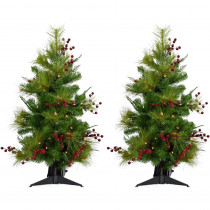 Fraser Hill Farm 2.4 ft. Newberry Pine Artificial Trees with Battery-Operated LED String Lights (Set of 2)