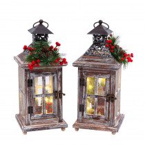Gerson S/2 Wood Lanterns with Lighted Holiday Scenes
