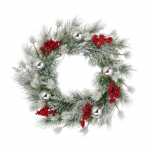 Gerson 24 in. D Frosted Pine Wreath with Silver Balls and Berries