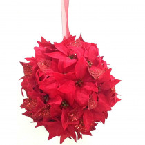 Home Accents Holiday 12 in. Unlit Velvet Poinsettia Kissing Ball Hanging Arrangement in Red