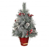 Home Accents Holiday 24 in. Snowy Pine Tree in Red Metal Bucket