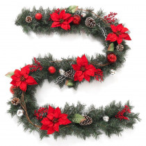 Home Accents Holiday 9 ft. Twig Pine Red Poinsettia Garland with Pinecones, Berries and Ball Ornaments