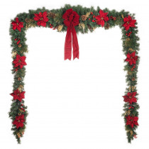 Home Accents Holiday 17 ft. Unlit Gold Glitter Cedar and Mixed Pine Garland with Burgundy Poinsettias