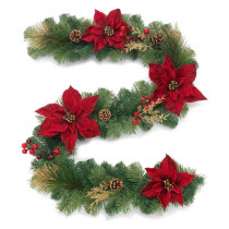 Home Accents Holiday 6 ft. Gold Glitter Cedar and Mixed Pine Garland with Burgundy Poinsettias