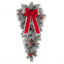Home Accents Holiday 32 in. Unlit Snowy Pine Teardrop with Gray Striped and Red Velvet Bows