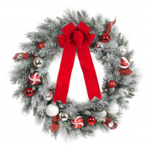 Home Accents Holiday 30 in. Flocked Pine Artificial Wreath with Red and White Balls