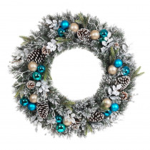 Home Accents Holiday 30 in. Flocked Pine Artificial Wreath with Blue Plate Balls