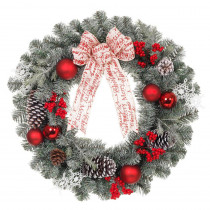 Home Accents Holiday 24 in. Unlit Artificial Christmas Snowy Pine Wreath with Red Balls and Bow