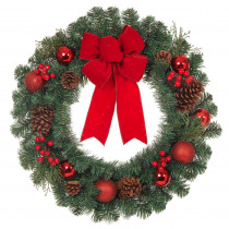 Home Accents Holiday 24 in. Unlit Artificial Christmas Pine Wreath with Red Ornaments and Pinecones