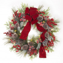 Home Accents Holiday 30 in. Pre-Lit Artificial Christmas Wreath with Pinecones and Burgundy Ribbon