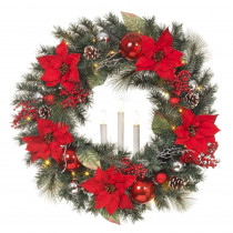 Home Accents Holiday 30 in. LED Pre-Lit Snowy Mixed Pine Wreath with Poinsettias and LED Timer Candle