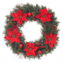 Home Accents Holiday 30 in. Unlit Artificial Christmas Mixed Pine Wreath with Red Poinsettias and Pinecones
