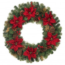 Home Accents Holiday 36 in. Unlit Artificial Christmas Pine Wreath with Burgundy Poinsettias