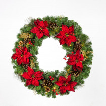 Home Accents Holiday 36 in. Pre-Lit LED Artificial Christmas Wreath with Burgundy Poinsettias