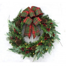 Home Accents Holiday 32 in. Pre-Lit Woodmoore Tales Artificial Christmas Wreath with Plaid Ribbon, 50 Battery-Operated Warm White LED
