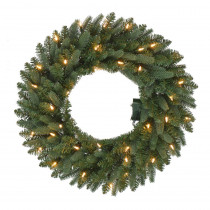 Home Accents Holiday 24 in. Battery-Operated Pre-Lit LED Artificial Meadow Fir Christmas Wreath w/ 225 Tips and 35 Warm White Lights w/ Timer