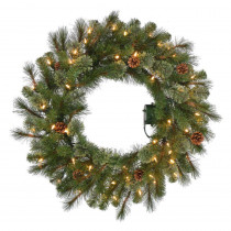 Home Accents Holiday 30 in. Battery-Operated Pre-Lit LED Artificial Alexander Pine Christmas Wreath with 140 Tips and 50 Warm White Lights