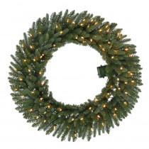 Home Accents Holiday 36 in. Battery-Operated Pre-Lit LED Artificial Meadow Fir Christmas Wreath w/ 341 Tips and 80 Warm White Lights w/ Timer