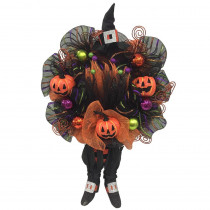 Home Accents Holiday 20 in. Mesh Halloween Wreath with Pumpkins and Witch Legs