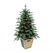 Home Accents Holiday 4 ft. Pre-Lit Balsam Artificial Christmas Porch Tree with Battery Operated Warm White LED light and Wood Pot