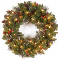 National Tree Company 20 in. Crestwood Spruce Wreath with Silver Bristle, Cones, Red Berries and Glitter with 35 Clear Lights