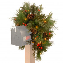 National Tree Company 36 in. Decorative Collection White Pine Mailbox Swag with Battery Operated Warm White and Red LED Lights