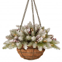 National Tree Company 20 in. Dunhill Fir Hanging Basket with Battery Operated Warm White LED Lights