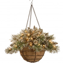 National Tree Company 20 in. Glittery Bristle Pine Hanging Basket with Battery Operated Warm White LED Lights