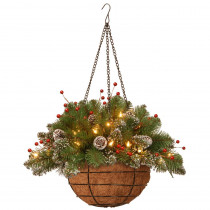National Tree Company 20 in. Glittery Mountain Spruce Hanging Basket with Battery Operated Warm White LED Lights