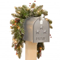 National Tree Company 36 in. Glittery Mountain Spruce Mailbox Swag with Battery Operated Warm White LED Lights