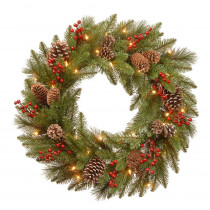 National Tree Company 24 in. Battery Operated Feel Real Bristle Berry Wreath with Red Berries, Cones and 50 Warm White LED Lights with Timer