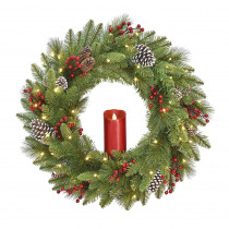 National Tree Company 24 in. Feel Real Bristle Berry Wreath with 50 Battery Operated LED Lights, Red Electronic Candle Red Berries