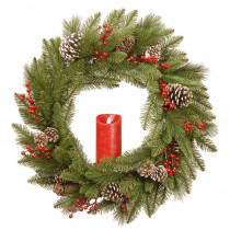National Tree Company 24 in. Feel Real Bristle Berry Wreath with Red Electronic Candle, Red Berries and Cones