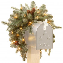 National Tree Company 36 in. Frosted Arctic Spruce Mailbox Swag with Battery Operated Warm White LED Lights