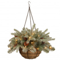 National Tree Company 20 in. Frosted Arctic Spruce Hanging Basket with Battery Operated Warm White LED Lights