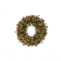 National Tree Company 30 in. Wintry Pine Artificial Wreath with Pine Cones, Red Berries, Snow and 100 Clear Lights